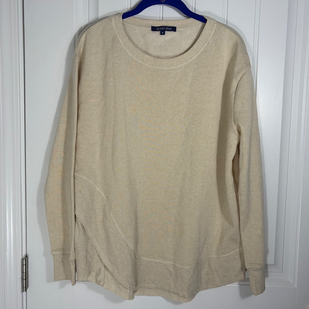 Ocean Drive Womens Oatmeal Heather Ribbed Panel Fleece Sweatshirt Medium B7659TJ